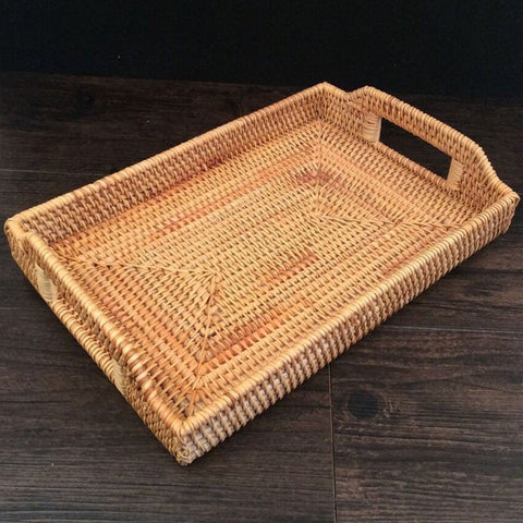 Large Handwoven Rectangular Rattan Breakfast Tray | Rattan Storage Tray | Wedding Gift | Breakfast Table | Bowl Tray | Straw Serving Tray