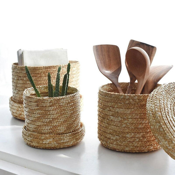 3 Pieces Handwoven Round Rattan Storage Cup | Pen Pencil Kitchen Utensil Holder | Dining Table Decor | Handmade Desk Organizer | Flower Pot