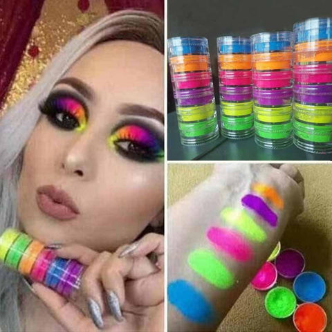 6 Neon Eyeshadow Pigments - Red Orange Yellow Green Blue Purple Bundle - Colorful Vivid and Vibrant Colors Rainbow Rave Festival Party
