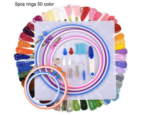 Full Set of Embroidery Thread Skeins - 50 Pieces - Various Colours - Pen Needle Plastic Hoop Set Kit Thread Punch Stitching Knitting