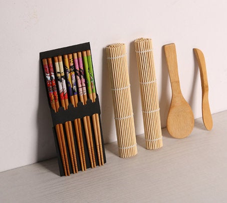 Bamboo Sushi Making Roll Kit - Japanese Style Wooden Spoon Chopsticks Knife Blade Utensils Rolling Mat - Cooking Tools Kitchen DIY Natural