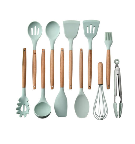 12 pcs Kitchen Utensil Set Wooden Handle Turner Cooking Various Kitchenware Set High Quality Silicone Cooking Tools Set Household Chef