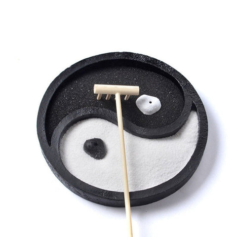 Zen Garden - Meditation Tabletop Desktop Zen Sand Garden for Office Home, Yin Yang Zen Garden Kit - Black/White - Rake, Sand, Rock