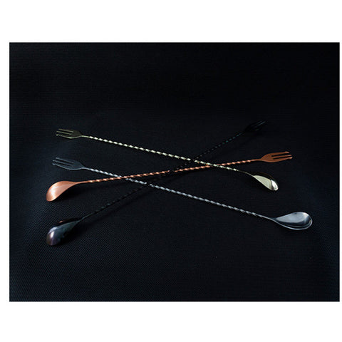 Stainless Steel Two In One Cocktail Spoon Fork - Drink Mixer - Bartenders Tool - Modern minimalist Barware - Twisted Mixing Flat Head Spoon