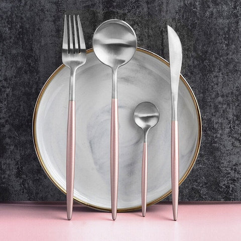 24 Pcs Luxury Pink and Silver Metal High Quality Cutlery Dinnerware Set - Tableware Dinner Dining Cutleries Fork Spoon Knife Utensil