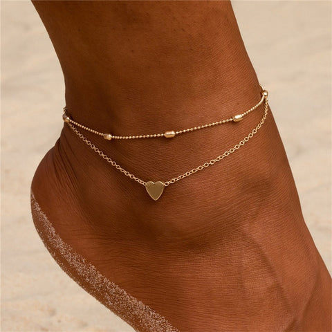 2 Pcs Layered Heart Anklet - Gift for Girlfriend Sister Mother Daughter Her - Dainty Anklet - Ankle Bracelet - Beach Wedding Boho Summer