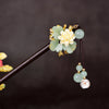 Chinese Japanese Korean Traditional Hair Pin - Green Jade Color Vintage Flower Blossom - Hair Stick Bead Pins Retro Hair Tassel Pearls