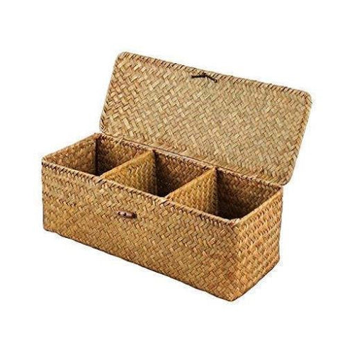 Rattan Storage Box With Divider - Wicker Storage Tray - Woven basket - Handmade Organizer Basket - Cosmetics Desk Organizer - Home Decor