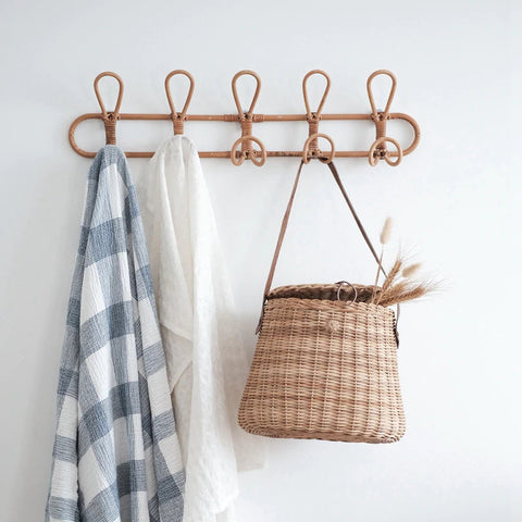 Rattan Hanging Wall Hooks Shelf - Coat Rack Bathroom Towel Hanger Bedroom - Boho Hat Kids Clothes Entryway Organizer - Kids Room Home Decor