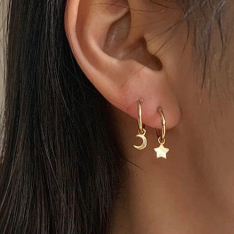 Gold Silver Star and Moon Earrings, Dainty Hoop earrings, Charm earrings, Earrings for women, Dangle Earring, Drop Earring, Gift for Her