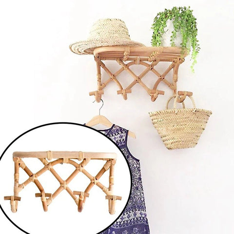 Rattan Hanging Wall Hooks Shelf - Coat Rack Bathroom Towel Hanger Bedroom - Boho Hat Kids Clothes Entryway Organiser - Kids Room Home Decor