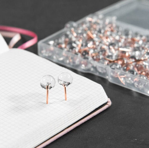 100 Pcs Round Clear Metal Map Tacks Push Pins - Thumbtack - Pushpins - Kitchen Board Office - World Travel Markers - Rose Gold Map Pins