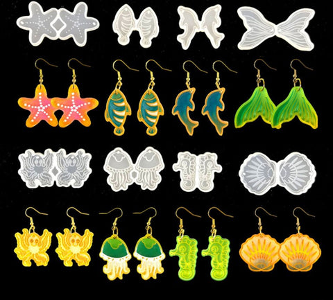 Fish Earrings Resin Mold, Dolphin Jellyfish Seahorse Shell Starfish Octopus Cabochon Mold, Fish Mold, Fish Cab Mold, Fish Dangle Mold