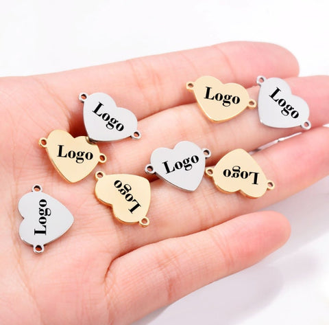25 Custom Heart Connector Charm Stainless Steel Gold Silver Personalized Charm Logo Charm Engraved Charm Beads For Jewelry Bracelets Making