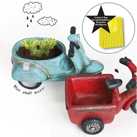Lawn & Patio - LightningStore Cute Blue Red Motorcycle Bike Succulent Plants Pot Microlandschaft Personalized Office House Balcony Landscape Pot Creative Decorative Flower Pots + LightningStore Minifigures Set