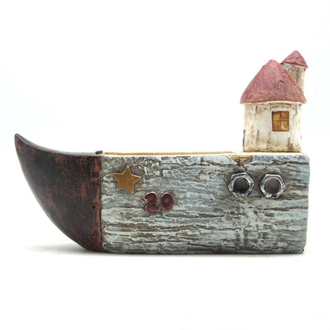 Lawn & Patio - LightningStore Cute Grey Gray Brown Ship Boat House Succulent Plants Pot Microlandschaft Personalized Office House Balcony Landscape Pot Creative Decorative Flower Pots