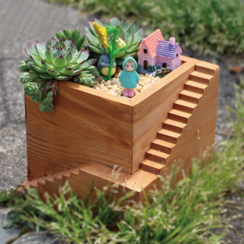 Lawn & Patio - LightningStore Wooden Square Staircase Succulent Plants Pot Microlandschaft Personalized Office House Balcony Landscape Pot Creative Decorative Flower Pots