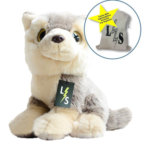 Toy - LightningStore Adorable Cute Baby Sitting Siberian Husky Wolf Fox Puppy Dog Doll Realistic Looking Stuffed Animal Plush Toys Plushie Children's Gifts Animals + Toy Organizer Bag Bundle