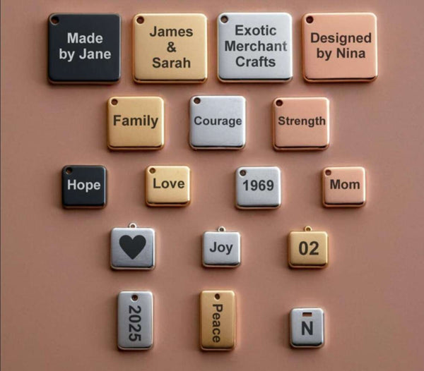 Charm personalizat din oțel inoxidabil, gravat cu laser, charm pătrat dreptunghiular, charm personalizat cu laser, text argintiu auriu, materiale DIY pentru realizarea bijuteriilor