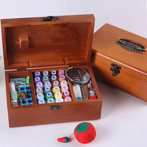 Vintage Sewing Kit Box Basket, Wooden Hand Home Sewing Repair Tool Kit, Universal Sew Kit Accessories for Women, Men, Adults, Girls