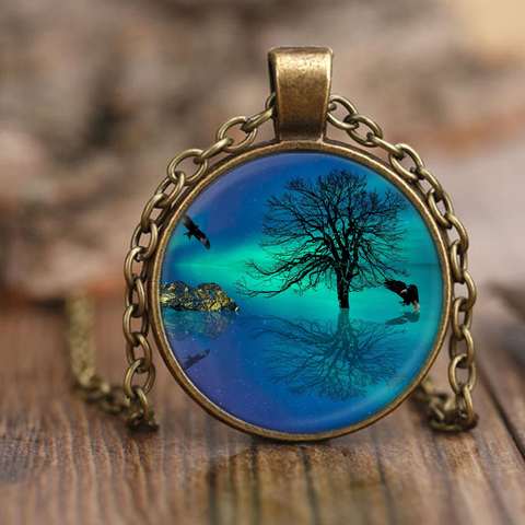 Northern Lights Tree of Life Pendant Necklace - Eagle Ocean Reflection Jewelry