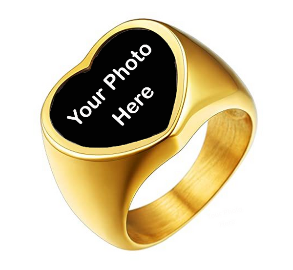 Bague Photo Gravée Personnalisée - Bague Personnalisée - Bague Sceau en Forme de Cœur pour Hommes Femmes - Concevez Votre Propre Bague