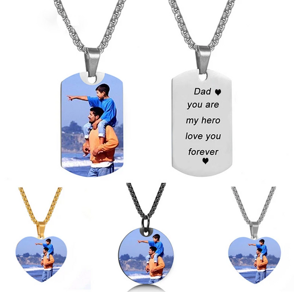 Custom Dog Tag Necklace - Heart Circle Round Photo Necklace - Engraved Military Dog Tags - Personalized Dogtag for Men Humans