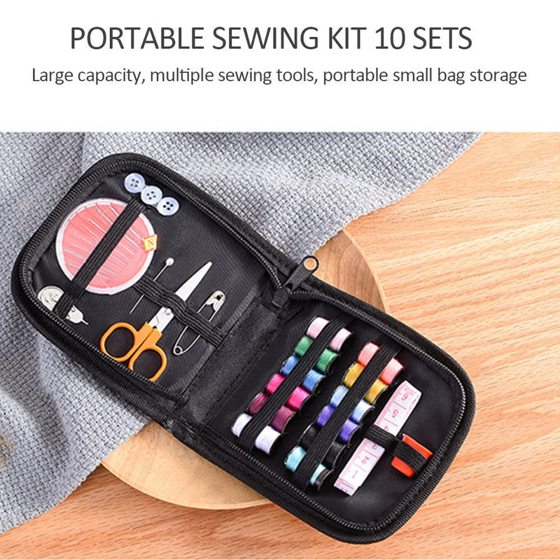 Black Mini Travel Professional Sewing Kit Scissor Thread Needle Measure Tape Storage Box - Portable Set for Hand Quilting Embroidery Sewing