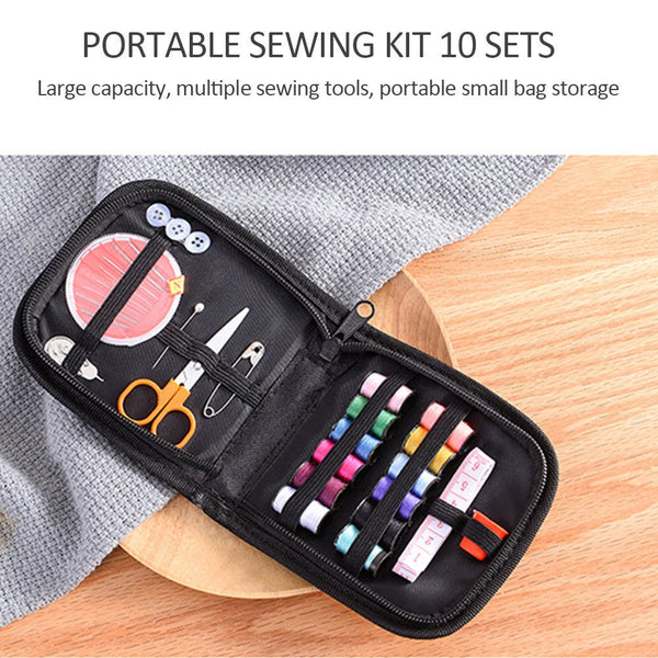Black Mini Travel Professional Sewing Kit Scissor Thread Needle Measure Tape Storage Box - Portable Set for Hand Quilting Embroidery Sewing