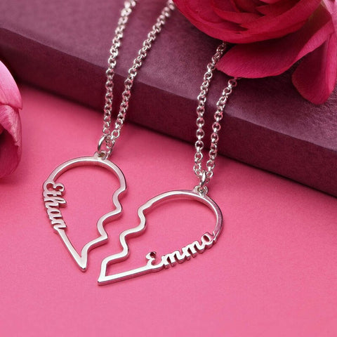 Personalized Couples Name Necklace 2 Heart Joining- Anniversary Wedding Gift - Present For Wife Girlfriend - Friendship Love Necklace
