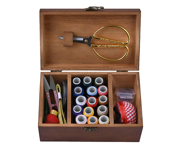 Sewing Kit Box Basket, Wooden Hand Home Sewing Repair Tool Kit, Universal Sew Kit Accessories for Women, Men, Adults, Girls Vintage