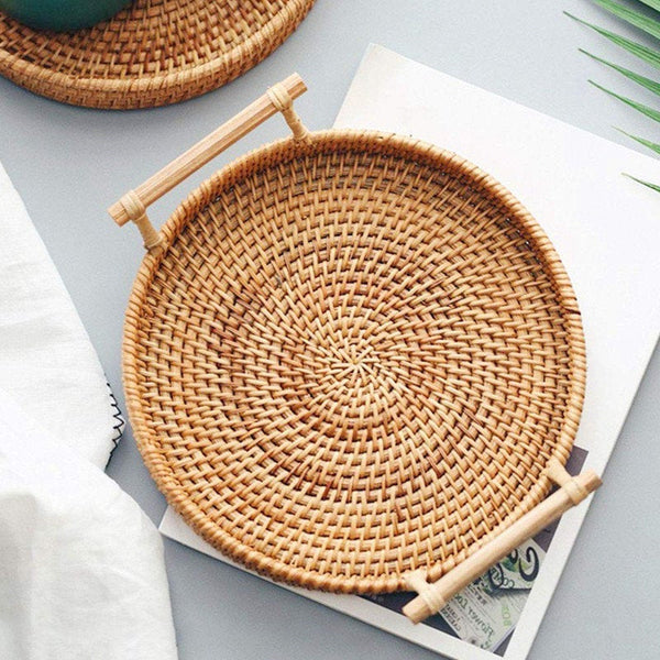 Rattan Tray | Round Rattan Tray | Rattan Serving Tray with Handles | Handwoven Breakfast Tray | Breakfast Table Tray | Bowl Tray | Straw Tray