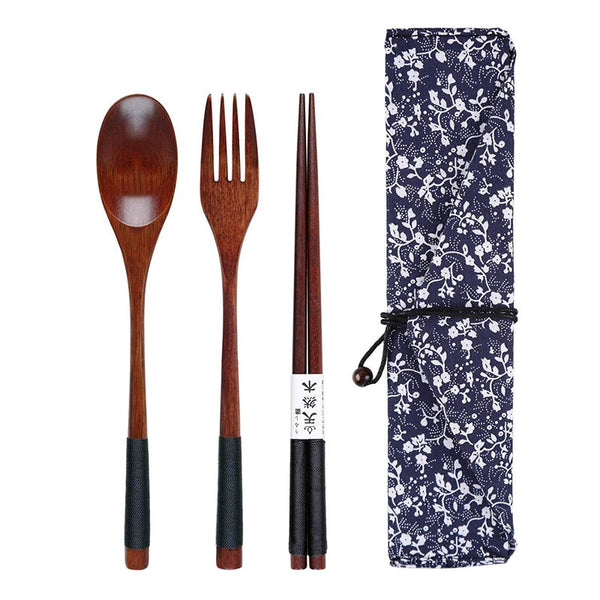 Wood Kitchen Utensil Set | Wooden Spoon Fork Chopstick Set | Cooking Utensils | Salad Tongs | Eco Friendly Portable Flatware  | Storage Bag