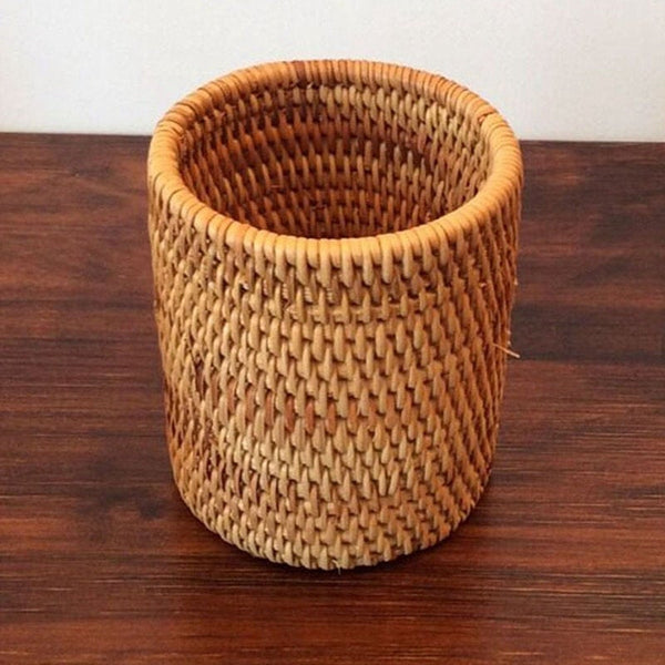 Handwoven Round Rattan Storage Cup | Rattan Storage Cup | Pen Pencil Kitchen Utensil Holder | Dining Table Decor | Handmade Desk Organizer