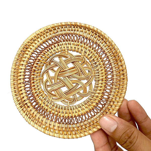 Rustic Woven Round Rattan Coaster - Handmade Coffee Coaster - Housewarming Gifts - Fringe Placements - Handwoven Placements - Kitchen Table