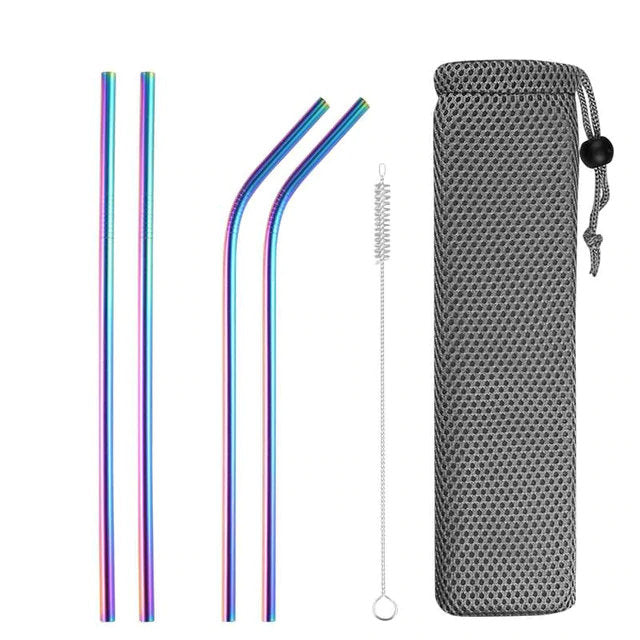 Set of 4 Stainless Steel Metal Straws Reusable Drinking Straw 8.4 Inch For Tumblers Cold Beverage - Gold Silver Rainbow Color Bent Straight