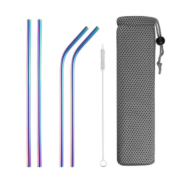 Set of 4 Stainless Steel Metal Straws Reusable Drinking Straw 8.4 Inch For Tumblers Cold Beverage - Gold Silver Rainbow Color Bent Straight