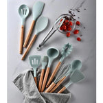 12 pcs Kitchen Utensil Set Wooden Handle Turner Cooking Various Kitchenware Set High Quality Silicone Cooking Tools Set Household Chef