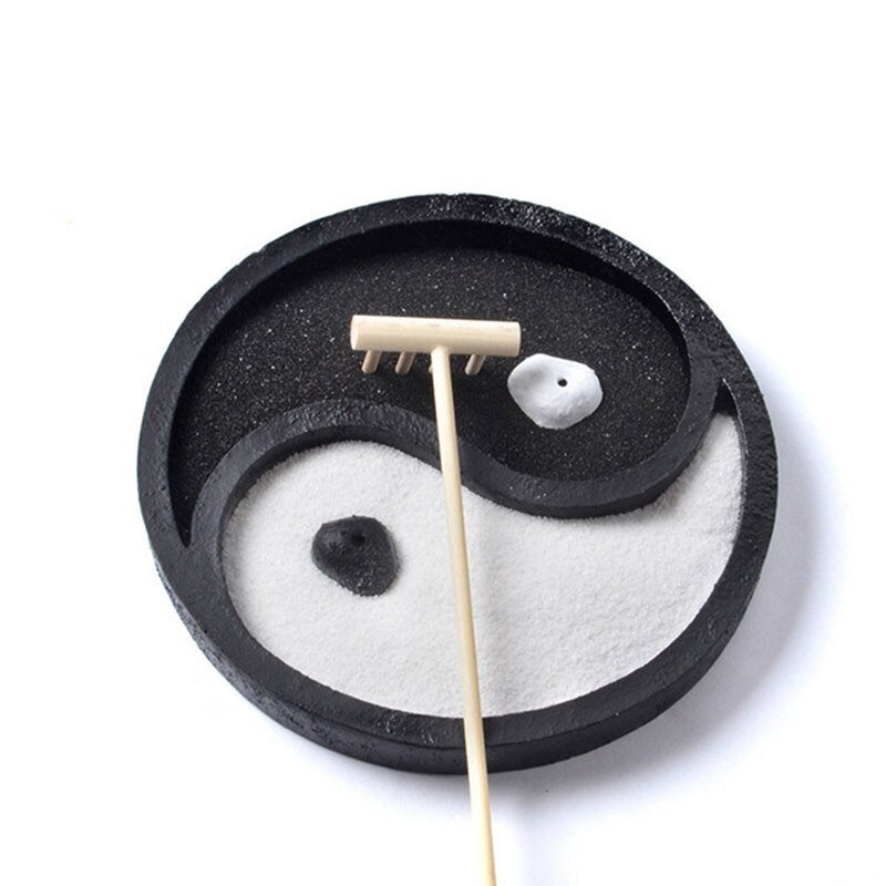 Zen Garden - Meditation Tabletop  Desktop Zen Sand Garden for Office Home, Yin Yang Zen Garden Kit - Black/White - Rake, Sand, Rock
