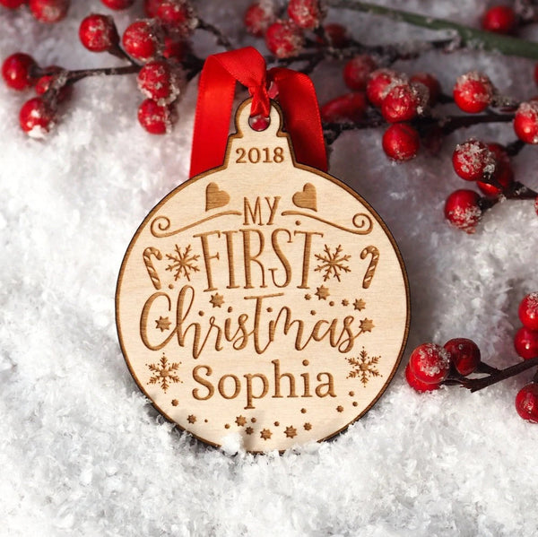 Baby's First Christmas Ornament Bauble, Newborn Baby Custom Ornaments, Personalized Wooden Hanging Christmas Tree Decorations with Your Name