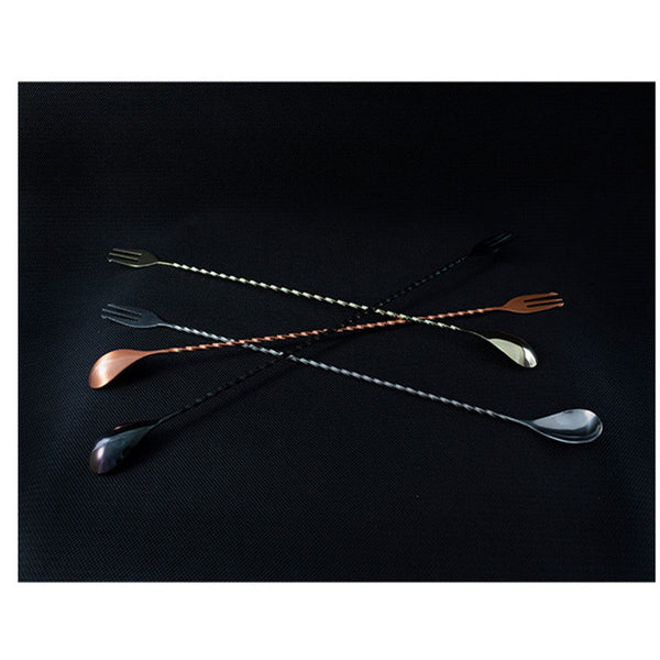 Stainless Steel Two In One Cocktail Spoon Fork - Drink Mixer - Bartenders Tool - Modern minimalist Barware - Twisted Mixing Flat Head Spoon
