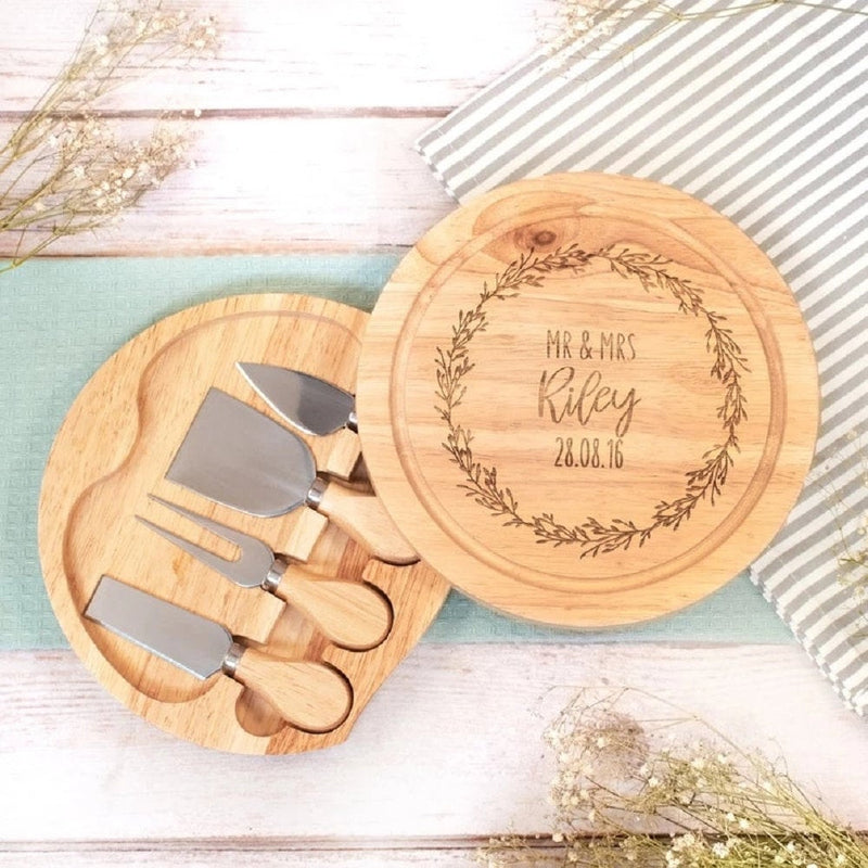Personalized Wood Cheese Board Serving Set - Custom Made Personalised Wooden Cheeseboard Set - Engraved Chopping Board Bread Cutting Block