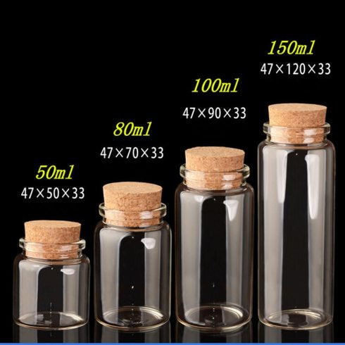 ขวดแก้วใสภาชนะทรงกระบอกพร้อมจุกไม้ก๊อก ขนาดบรรจุ 50ml 80ml 100ml 150ml ขวดทดลองใสใส