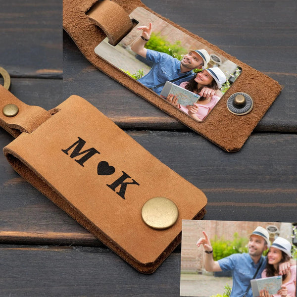 Personalizovaný kožený přívěsek na klíče, kožený klíčenka s rytinou monogramu a fotografie, vánoční dárek pro přítele nebo přítelkyni, svatba