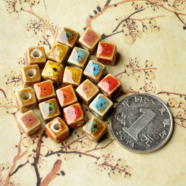 Cube Ceramic Beads, Handmade Pottery Beads, Porcelain Beads, Spacers  For Jewellery Making, Mixed Colours, 8 mm, Necklace Bracelet Supplies
