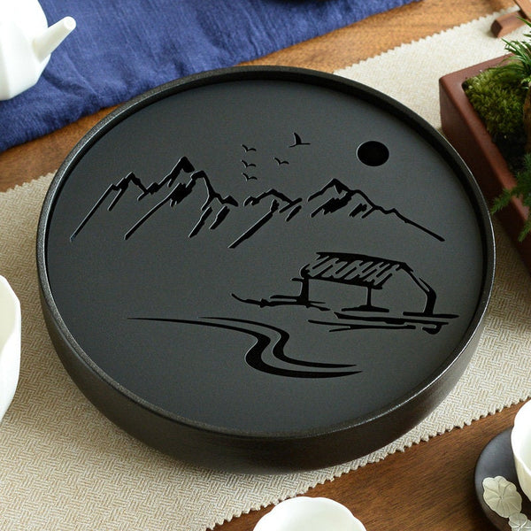Ceramic Round Gongfu Tea Tray, Saucers, Boards with Water Tank, Tea Wares, Tea Sets, Tea Tools, Gifts for Chinese Gongfu Tea Ceremony