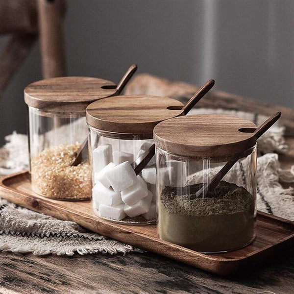3 Pcs Spice Jar Set | Glass Jar with Bamboo Lid | Food Storage | Candle Jars | KitchenSeasoning | Organization | Salt Condiment Pot Spoon