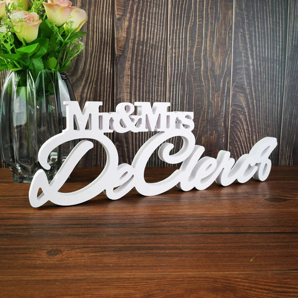 Wedding Name Sign - White Mr and Mrs Sign - Custom Name Sign - Personalized Freestanding Surname Sign Table Decor Last Name Centerpiece