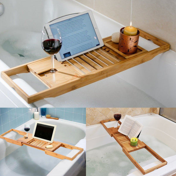 Bamboo Adjustable Bath Tub Caddy | Bathtub Tray | Housewarming Gift | iPad Holder | Book Holder | Wine Holder | Home Bathroom Decor