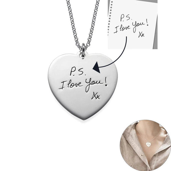 Custom Handwriting Engraved Heart Necklace, Fingerprint Necklace Heart, Heart Necklace Personalized, Signature Necklace, Memorial Necklace